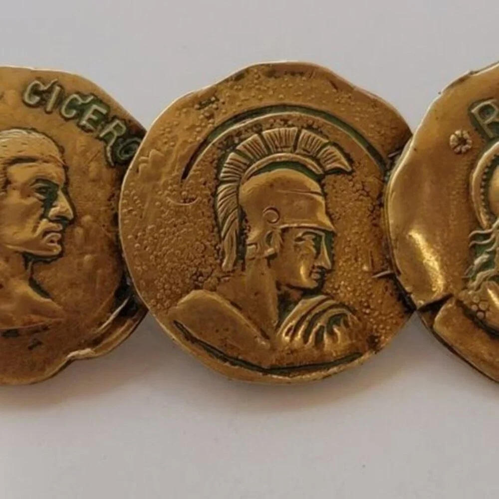 Vintage Roman Coin Brooch – Brass Tone 3-Coin Design, Cicero & Roma Motif